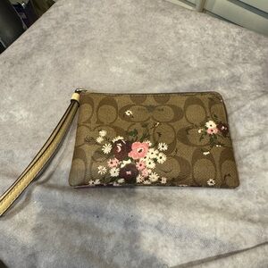 Coach Brown Signature Floral Wristlet with Pink & Cream Accents